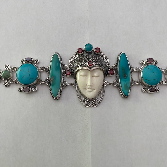 Sterling Silver Moon Goddess Carved Face Bracelet Garnet Turquoise!!!! - Picture 2 of 6